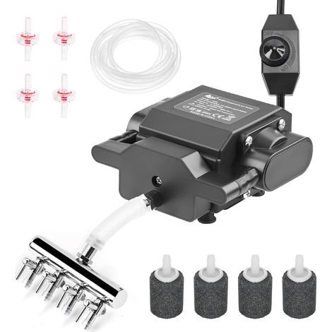 Quiet Aquarium Air Pump, 4 Outputs, Powerful Oxygen Pump, Adjustable Aerator, Air Pump with Complete Accessories, Hydroponic/Pond Oxygenation