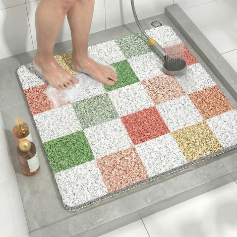 Tapis Douche Antidérapant PVC Luffa Carré 60x60 cm avec Drain Tapis de Salle de Bain Anti Moisissure Tapis de Douche Absorbant Séchage Ultra Rapide à Carreaux Multicolores (1/5)