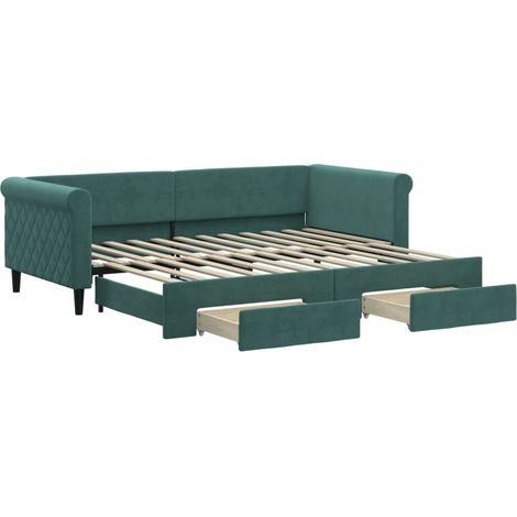Lit simple,Lit adulte,Lit de jour avec gigogne et tiroirs vert foncé 90x200cm velours CFW26082 (1/5)