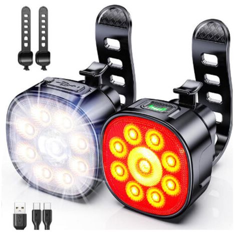 éclairage vélo avant et arrière LED étanche – 8 modes avant, 7 modes arrière – Rechargeable USB – Idéal pour cyclisme et trottinette (1/5)