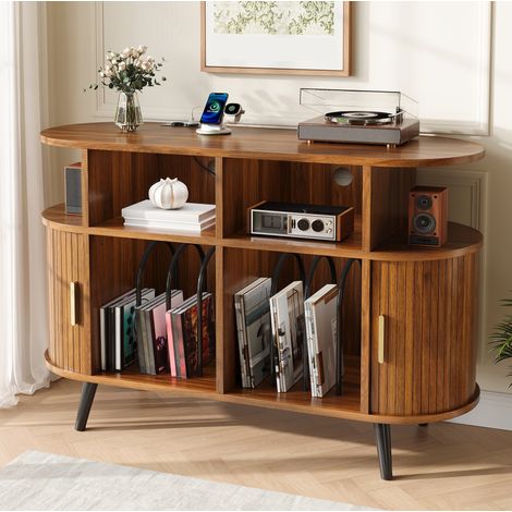 Sideboard en MDF effet noyer, rangement vinyles, portes coulissantes, pieds fer, 110 x 40 x 76 cm (1/5)
