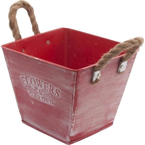 Bac cache-pot en fer-blanc rouge avec anses en corde, 13 x 13 x 10 cm (lot de 10)