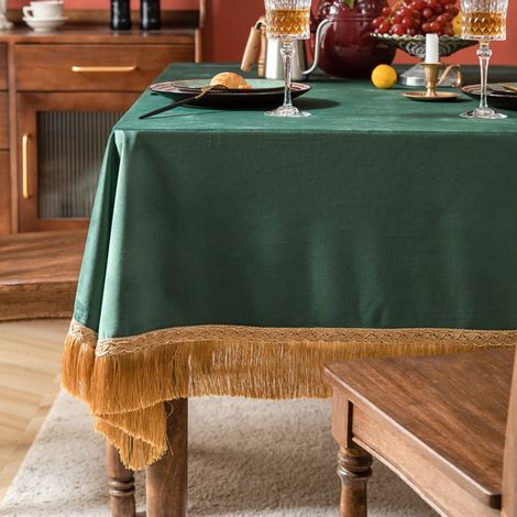 Nappe De Table Velours - Carrée 65 x 65 Cm - Décoration Rétro Avec Pompons - Vert Foncé (1/5)