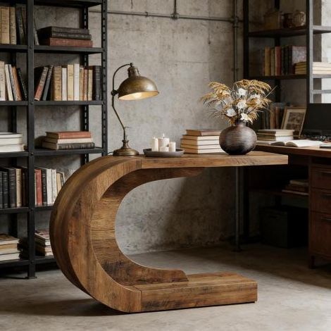 Konsolentisch aus Holz in C-Form mit Langer Tischplatte, für Flur und Wohnzimmer, Rustikalbraun, 110×35×75 cm (1/5)