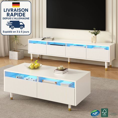 Mueble TV 178 cm - con iluminación LED - almacenaje - Tapa de cajón ondulada - Diseño minimalista - 4 cajones - LED - Blanco + Mesa de centro con 2 cajones (1/4)
