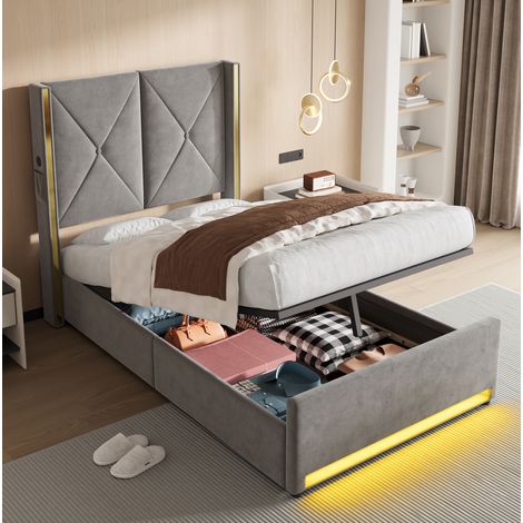 Letto contenitore 100x213x141 cm, testiera alta con USB e Type C, LED e tasche laterali, velluto grigio scuro (1/5)