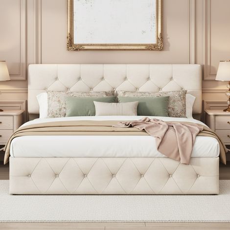Letti per adulti - Letto Contenitore Matrimoniale 160x200 cm in Velluto Beige - Design Capitonné con Testiera Regolabile in Altezza - Ampio Box Salvaspazio (1/5)