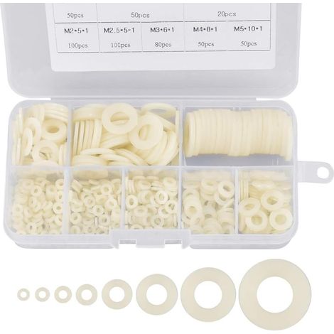 500 Stück Kunststoffscheiben, flache Nylonscheiben M2 / M2,5 / M3 / M4 / M5 / M6 / M8 / M10, weiße Dichtscheiben für industrielle Befestigungselemente