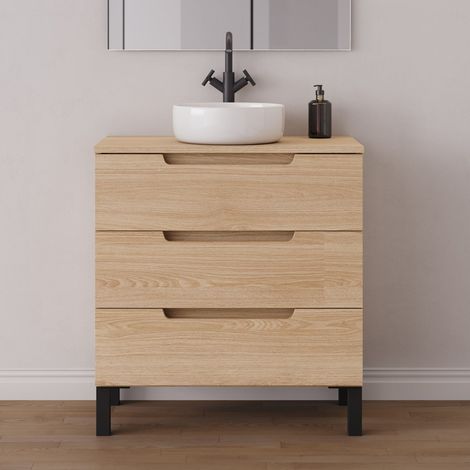 Meuble de salle de bain 60cm avec plateau et vasque à poser ronde - sans miroir - 3 tiroirs - roble era (chêne clair) - RIZA (1/5)