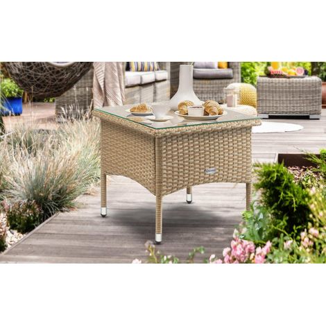 Rattan side table with glass top greybeige 50x50x45 cm