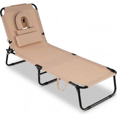 Chaise longue beige pliable avec dossier réglable, ouverture faciale et 3 coussins amovibles pour plage, piscine et terrasse