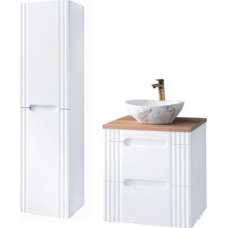 Meuble vasque à poser 60 cm + colonne murale Oceanie White - Livraison gratuite