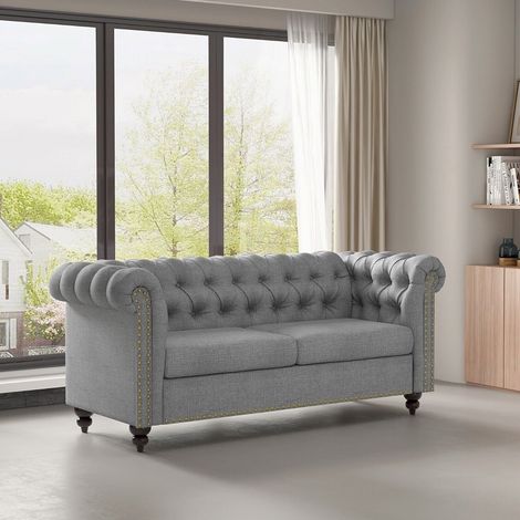 Large 2 seater Chesterfield Style Button back Sofa Couch Linen Fabric Settee VICTORIA GREY (1/5)