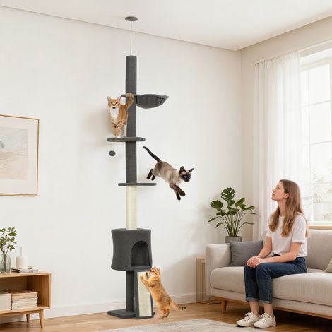 Albero tiragraffi per gatti, grotta, amaca, altezza regolabile, con rivestimento in tessuto, grigio