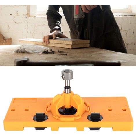 Outil de perçage et de positionnement pour charnières de 35 mm pour le travail du bois + plaque de positionnement bleue. (Cette dernière partie est une répétition de la précédente et peut être omise.) (1/5)