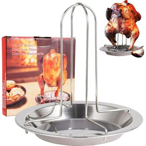 Acier Inoxydable Support à Poulet, Vertical Rôtissoire à Poulet, Support à Poulet Barbecue Amovible avec Plateau égouttoir, pour Four, Barbecue, Accessoires Gril, Camping (1/4)