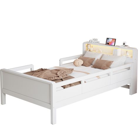 CAIziLit en bois de pin 90 x 200 cm, prise combinée USB et Type-C, petite lampe LED, tête de lit avec rangement, lit enfant, lit simple, lit multifonction, blanc (1/5)