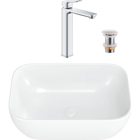 QUICKFIX DICE grifo monomando para lavabo, tamaño XL + Lavabo sobre encimera Swiss Aqua Technologies 45,5 x 32,5 x 13,5 cm