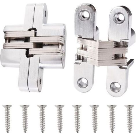 bisagras ocultas de cruz de 68,5 mm, bisagras invisibles para puertas plegables de 180 grados, bisagras invisibles de aleación de zinc, con 8 tornillos, para puertas, armarios y muebles, color plata. (1/5)