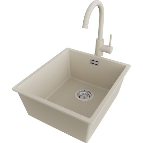 PRIMAGRAN Evier Cuisine en Granit 41x47cm,Lavabo 1 bac + Robinet 32x20cm + Kit de Vidage, Évier à Encastrer au meuble 45cm - London Slim, Beige (1/5)