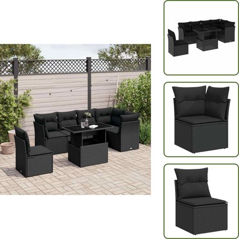 Salon de jardin 7 pcs avec coussins noir résine tressée - Ensemble Salon De Jardin - Meuble Extérieur - Résine Tressée - Rotin Synthétique - Canapé Jardin (1/5)