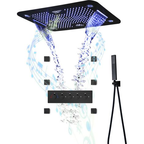 Musik Duschsystem Unterputz, 64 Farben RGB LED Duschset mit 6 pcs 50mm Massage Seite Spray, Deckenmontage Thermostatisch Brausegarnitur Black Regenduschset mit 580380mm 3 Funktionen Duschkopf