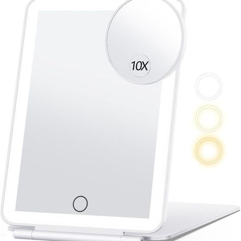 Travel makeup mirror with 10x magnification, cosmetic mirror with 3-color light, portable makeup mirror with light (white) (1/5)