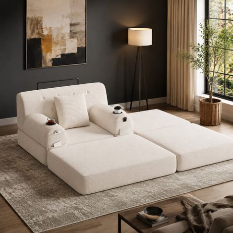 Divano letto 1 posto 162x107x81 cm beige, schienale alto, velluto a coste, senza montaggio MEUBLIV (1/5)