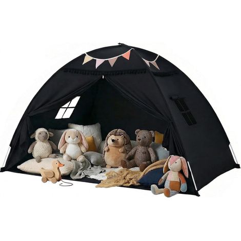 Tente de lit Tente chambre d'enfant Tente pour enfants : Sol Lit Enfants Grotte Tente Maison de jeu intérieure-Portable & Pliable Lit double Lit superposé Rideaux-Noir-198×141×132cm (1/5)