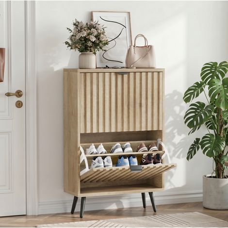 Scarpiera 60 x 24 x 95 cm effetto legno naturale, 2 ante a ribalta, stile Mid-Century HAVRYA (1/5)