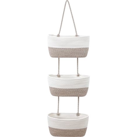 Organizador de pared, organizador de lino premium con cesta colgante de cuerda de algodón trenzada de 3 niveles, bolsa de almacenamiento colgante para dormitorio, sala de estar (lino)
