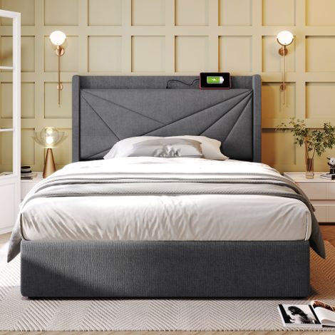 Boîte à lit avec USB Type C Chargement de la tête, Stauraumbetten Chassis de lit en lin Jeunesse lit 90x200 avec lattenrost (sans matelas) (1/5)