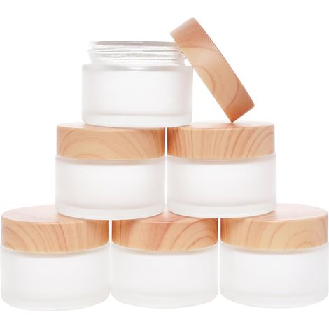 6 recipientes de vidrio para cosméticos con tapa de imitación madera, tarro de cosméticos recargable, recipiente de vidrio esmerilado para cremas con tapa a prueba de fugas. (1/5)
