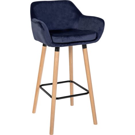 Tabouret de bar lounge x1 design scandinave assise en tissu bleu foncé pieds en bois repose-pieds en métal 100006834