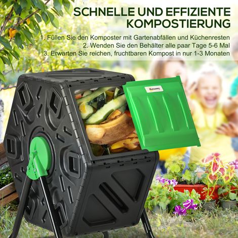 Composteur rotatif 65L compact, 24 trous d'aération, acier et plastique, couleur vert et noir