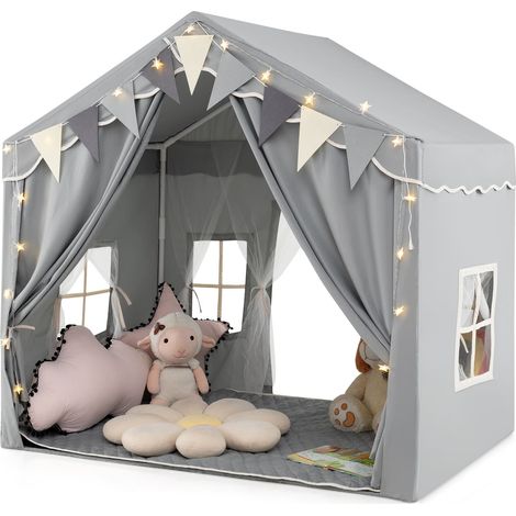 COSTWAY Kids Play Tent 3-4 Kids Large Play Tent House w/2 Opening Doors-Grey (1/5)