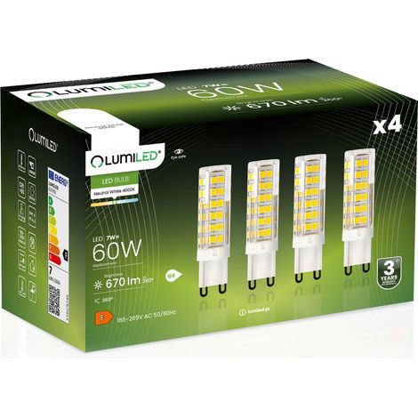 4 lampadine LED a capsula G9 da 7W = 60W 670lm 4000K Neutro LUMILED a 360°