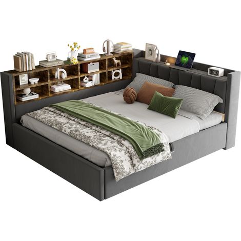 Lit capitonné canapé-lit 140x200 cm, coffre hydraulique, veilleuse, USB Type-C, rangements, tête rembourrée, multifonction, velours gris foncé, matelas non inclus (1/5)