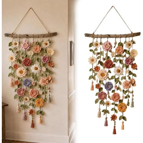 Décoration murale bohème en crochet et macramé de coton fait main Fleurs en cascade, style champêtre, chambre et salon, décoration de fête
