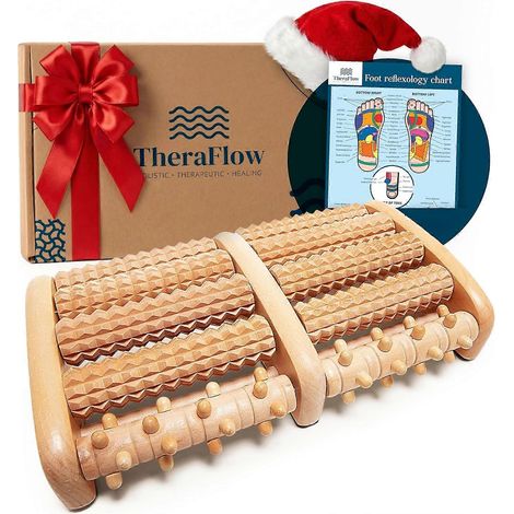 Le masseur de pieds TheraFlow, un cadeau idéal pour soulager les douleurs nerveuses et la fasciite plantaire, est doté de rouleaux de massage en bois pour soulager les douleurs nerveuses. (1/4)
