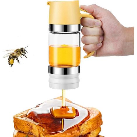 Pot doseur à miel, 280 ml, en verre anti-goutte avec poignée, distributeur de sirop de miel pour pain, café ou thé (1/5)
