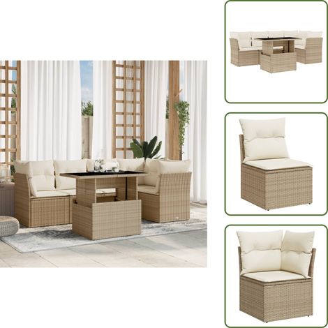 6-tlg. Garten-Sofagarnitur mit Kissen Beige Poly Rattan - Gartensorte - Gartenmöbelset - PE-Rattan Möbel - Outdoor Sofa - Lounge Set (1/5)