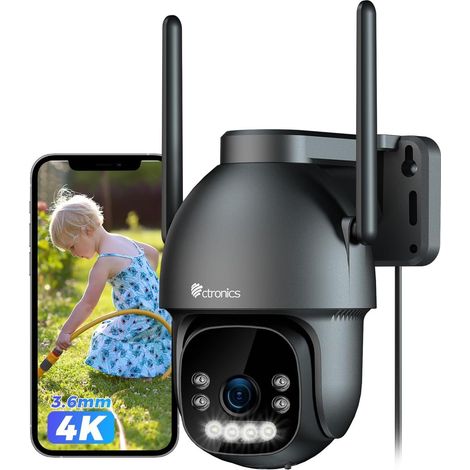 Ctronics Caméra de Surveillance Extérieure 4K WiFi PTZ 8MP – Vision Nocturne Couleur, Détection Humain/Véhicule/Animal, IP66