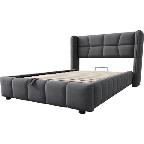 Cama tapizada 90 x 200 cm con almacenaje, cabecero y somier de láminas, gris HOMVRA (1/5)