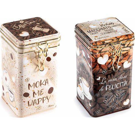 Barattoli adatti all'utilizzo alimentare in metallo con chiusura ermetica e stampa a tema caffè, set da 4 pezzi, cm 9 x 9 x 17 H