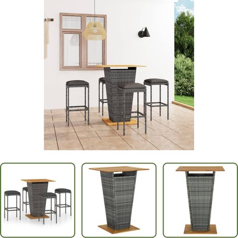 vidaXL Barhocker - 5-tlg. Gartenbar-Set mit Kissen Poly Rattan Grau (1/5)