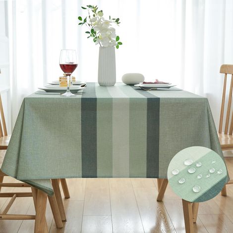 Nappe Verte Rayures Lin 140x140 cm Lavable pour Cuisine & Extérieur