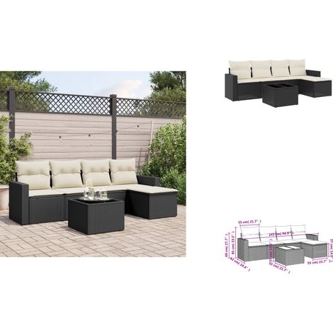 6-tlg. Garten-Sofagarnitur mit Kissen Schwarz Poly Rattan - Gartenmöbel - Esstisch - Lounge Set - Outdoor Möbel - Rattan Gartenmöbel