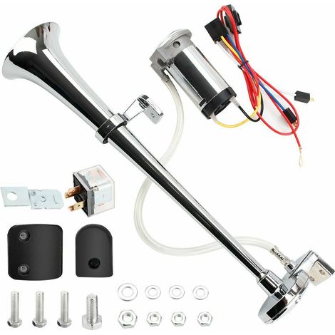 Bocina de aire para automóvil de 12 V y 150 db, 18 pulgadas, cromada, de zinc, integrada, con compresor, bomba de aire, arnés de cables de relé para cualquier automóvil, motocicleta y tren de 12 V (1/5)