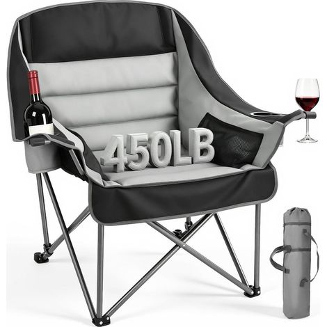 Confort et Robustesse 204kg Chaise de Camping Pliante XXL avec Porte-Gobelets et Verre pour Pêche Barbecue Noir Gris (1/5)